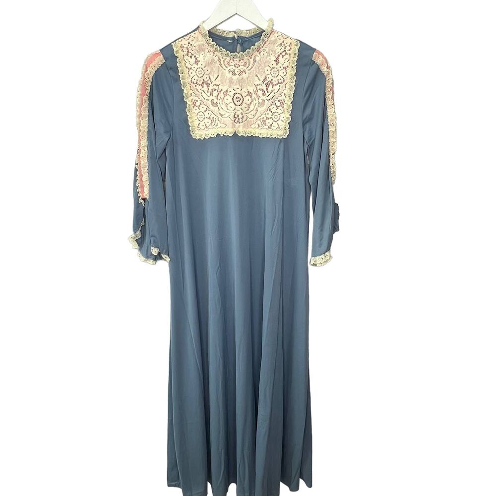 Vintage 60s Gilead Nylon Nightgown Lace High Neck Key Hole Size S Blue 56" Long